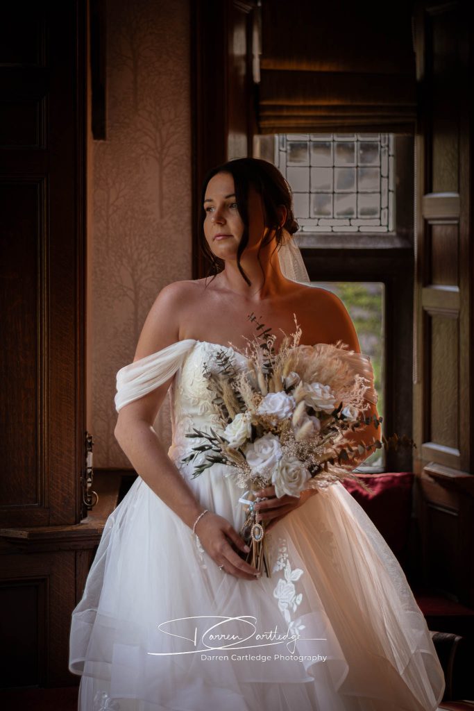 Wedding Photographer captures portrait of bride at Whitley Hall.