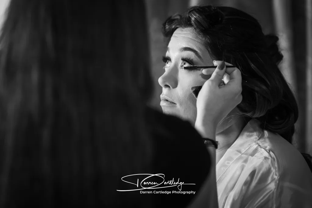 Leeann having final makeup touches applied at The Crown Hotel, South Yorkshire, before her Valentine’s Day wedding